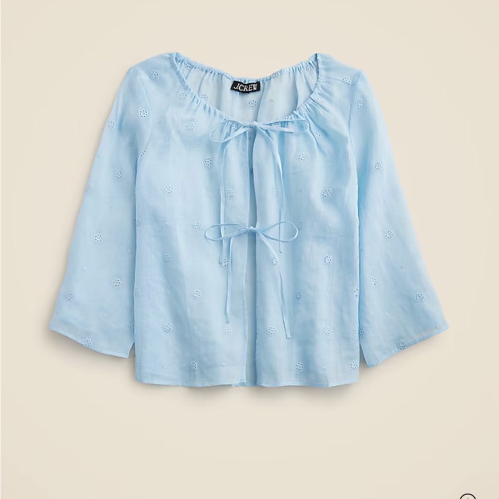 J. Crew tie front eyelot top in ramie, calm blue